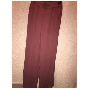 Mauve flowy pants with spandex shorts underneath